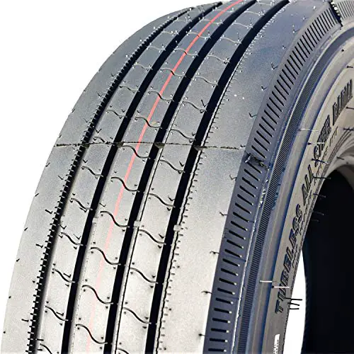 A close-up image of an all-season tire with a deep tread pattern, suitable for heavy-duty trucks.