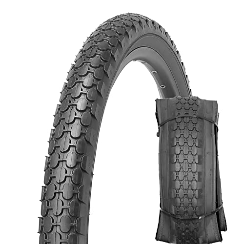 A close-up of a 24-inch bicycle tire with a textured tread pattern and a rolled spare tire.