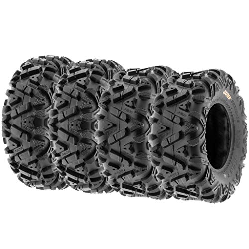 A set of four UTV tires with a versatile tread design optimized for pavement performance.